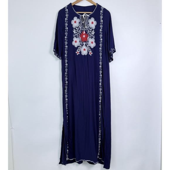 Embroidered Floral Maxi Dress Size S/M? Blue Side Slits Boho Beachy Hippie - Picture 1 of 10